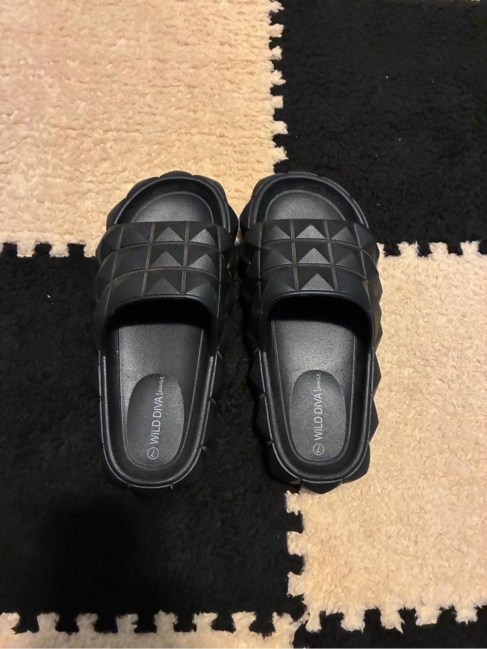 Wild Diva Black Stud Pyramid Slide Sandals